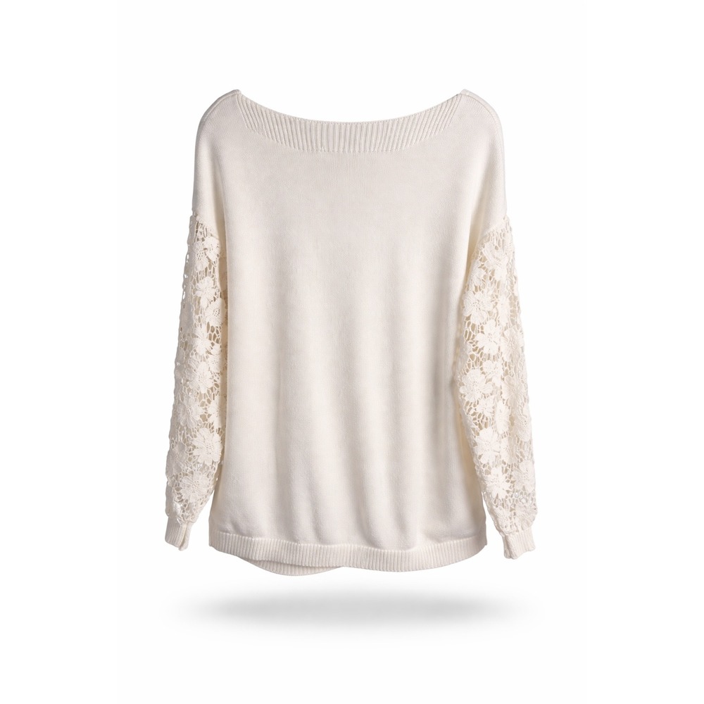 Soft Surroundings Lace Sleeve Sweater Womens Large Cream Knit Boho Crochet Top